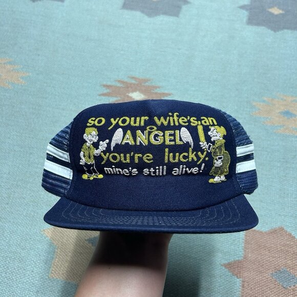 Vintage 80s trucker hat mesh cap 2 stripe your wife’s an angel mine’s dead funny - Picture 2 of 8